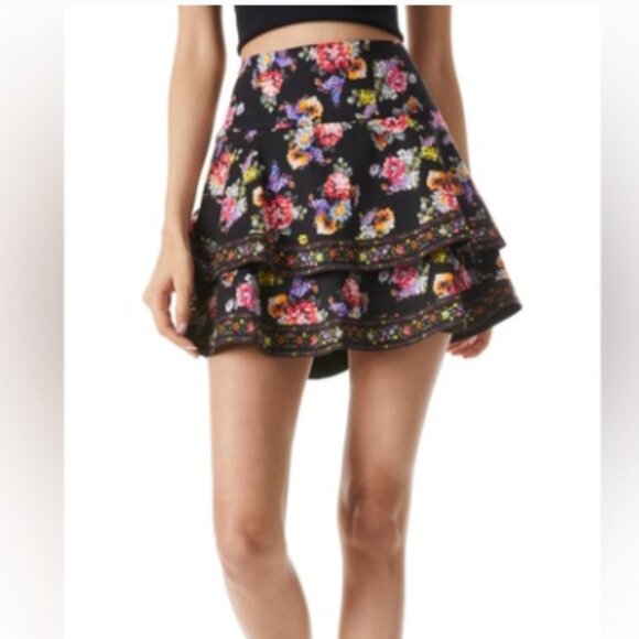 Alice + Olivia Marvis tiered floral-print cotton-blend mini black skirt sz 10 - Picture 1 of 5